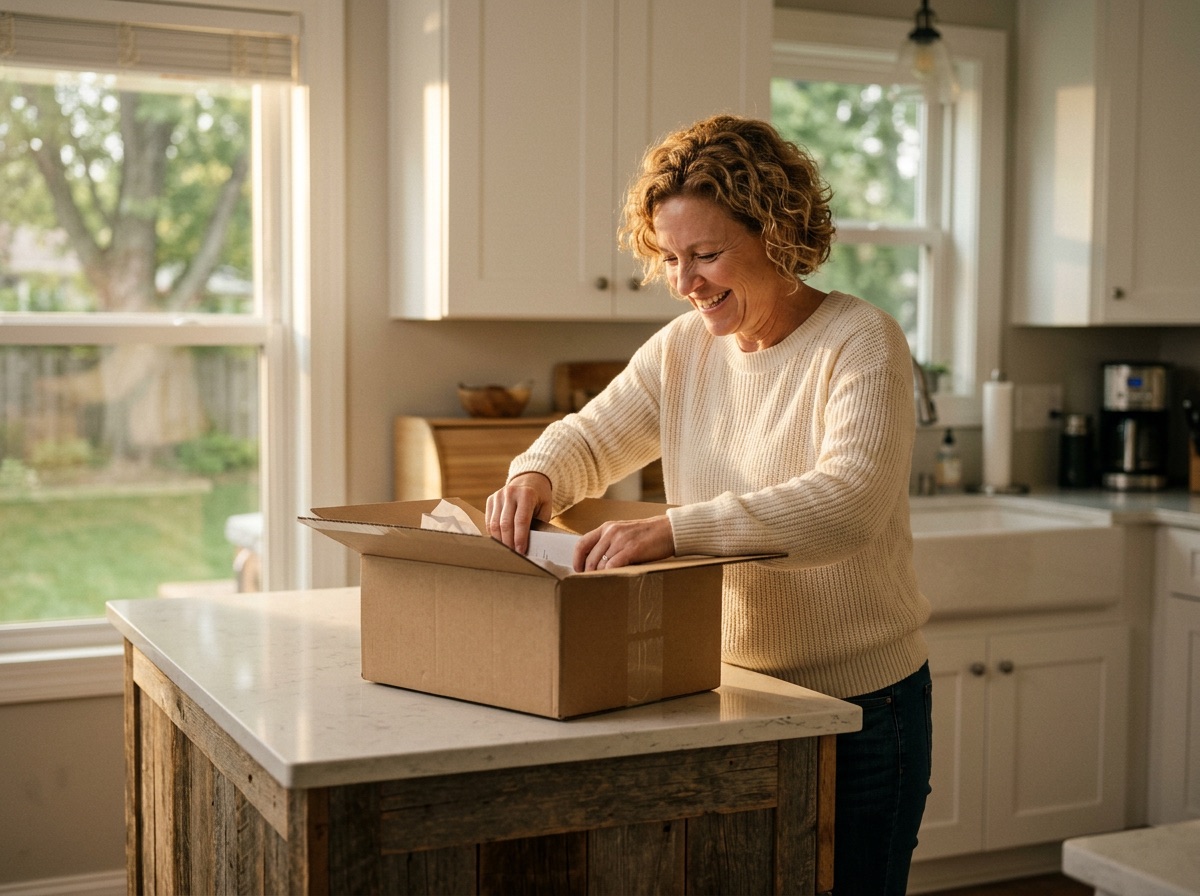 Customer smiling while opening a delivered parcel at home