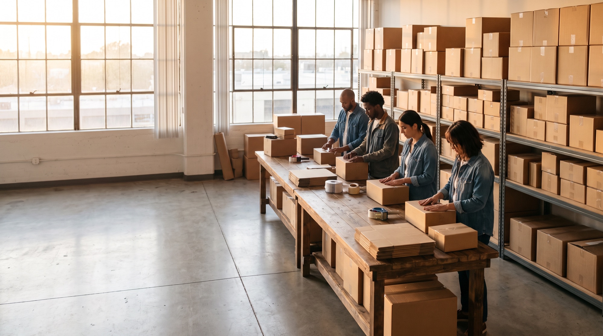 Magen Global team packing orders in a bright warehouse