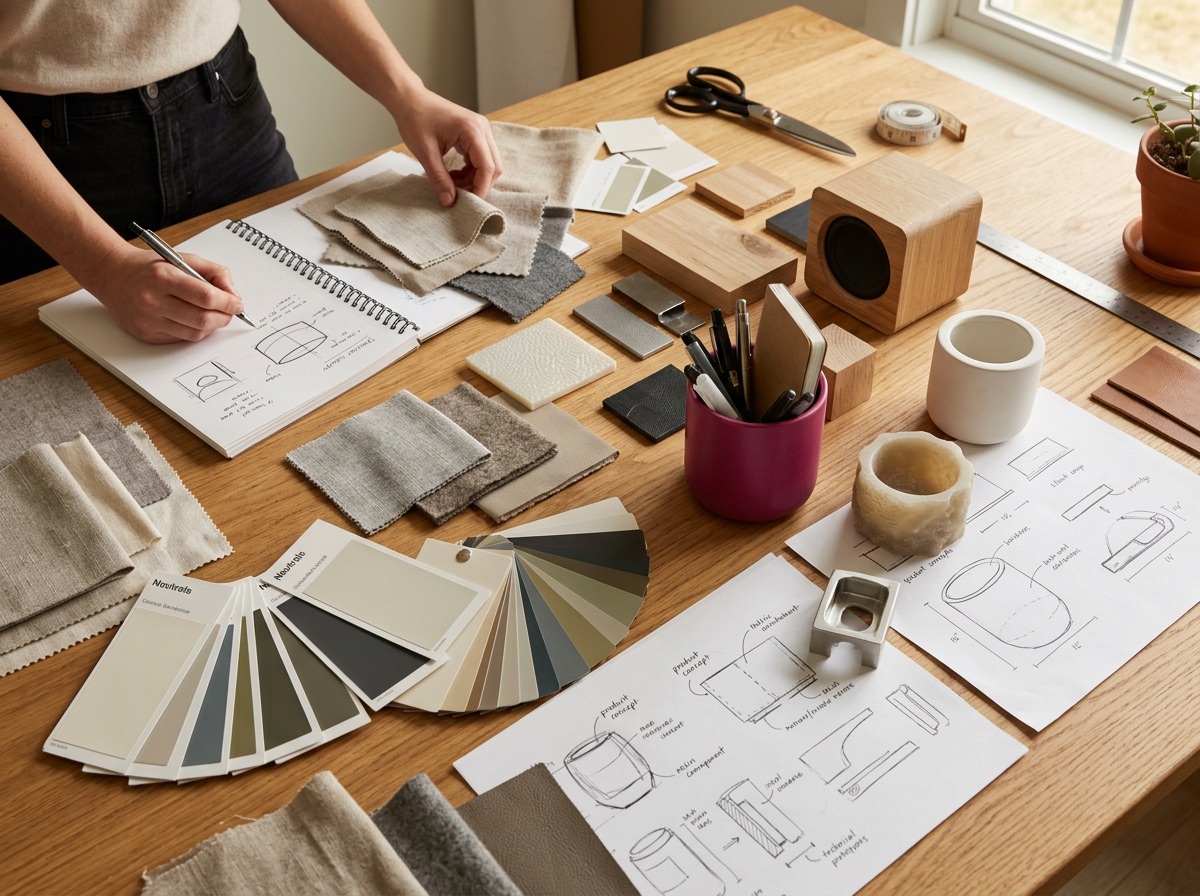 Designer desk with fabric swatches, color chips and product sketches